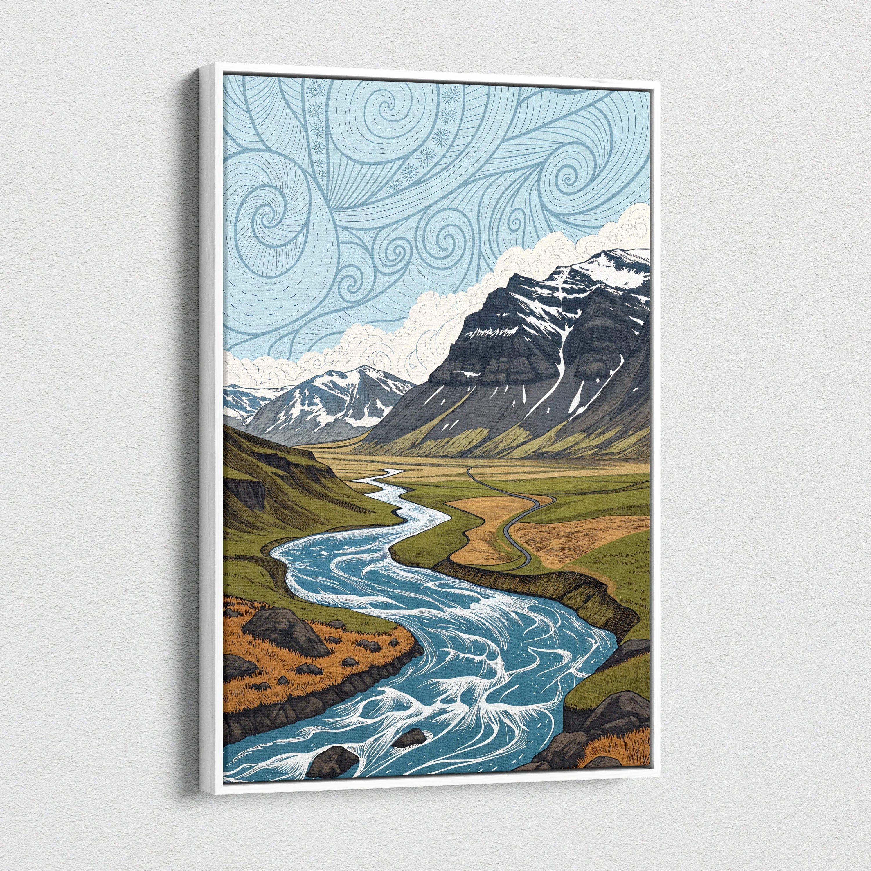 Stylized canvas wall art of mountain landscape with winding river and snowy peaks