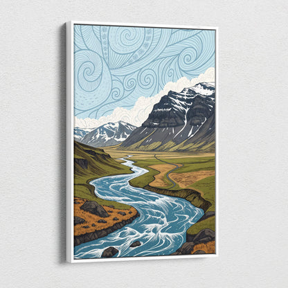 Stylized canvas wall art of mountain landscape with winding river and snowy peaks