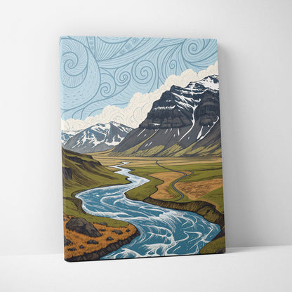 Stylized canvas wall art of snowy mountain peaks, winding river, serene blues