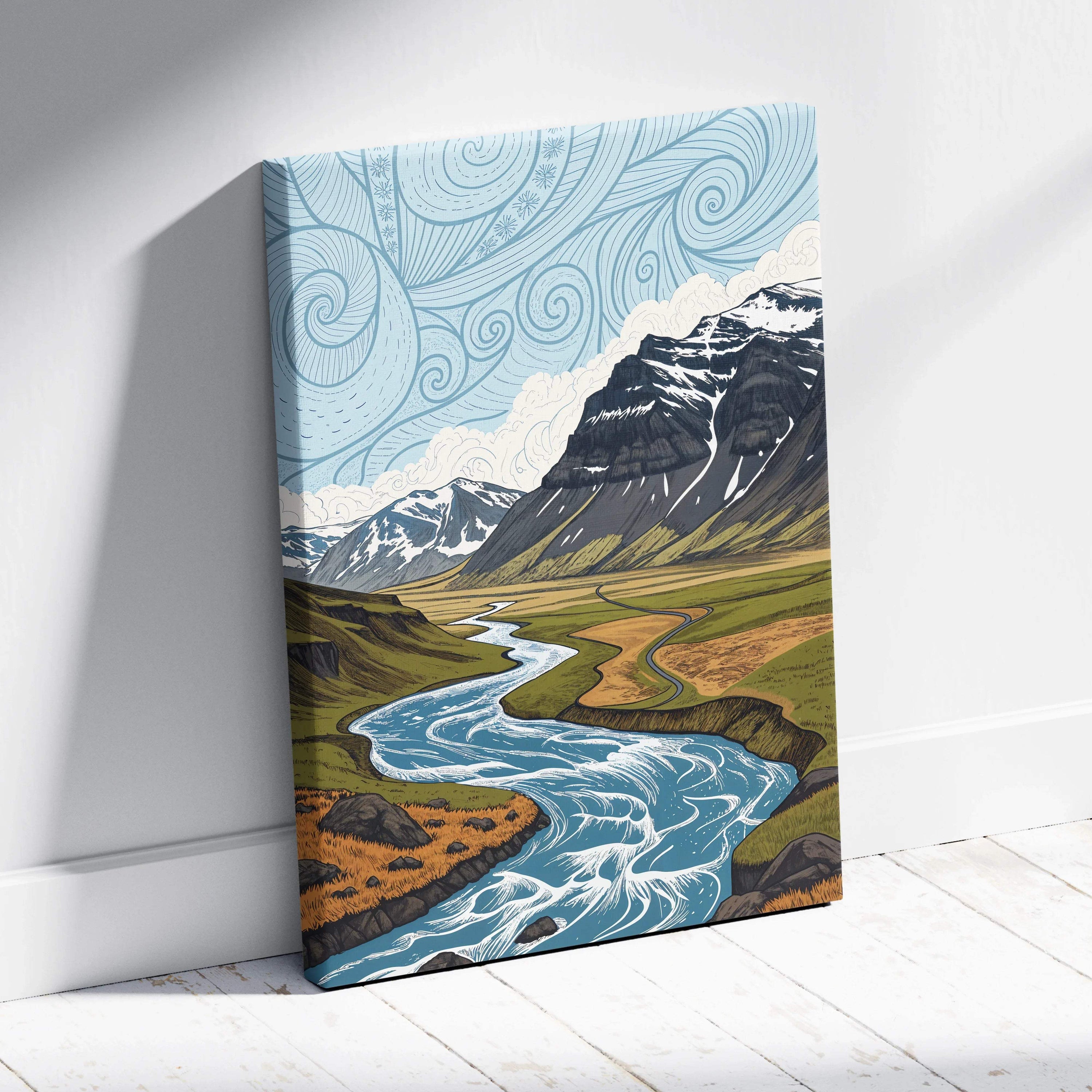 Stylized canvas wall art of snowy mountain peaks, winding river, serene blues
