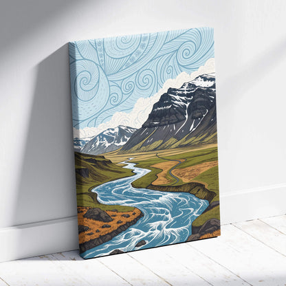 Stylized canvas wall art of snowy mountain peaks, winding river, serene blues