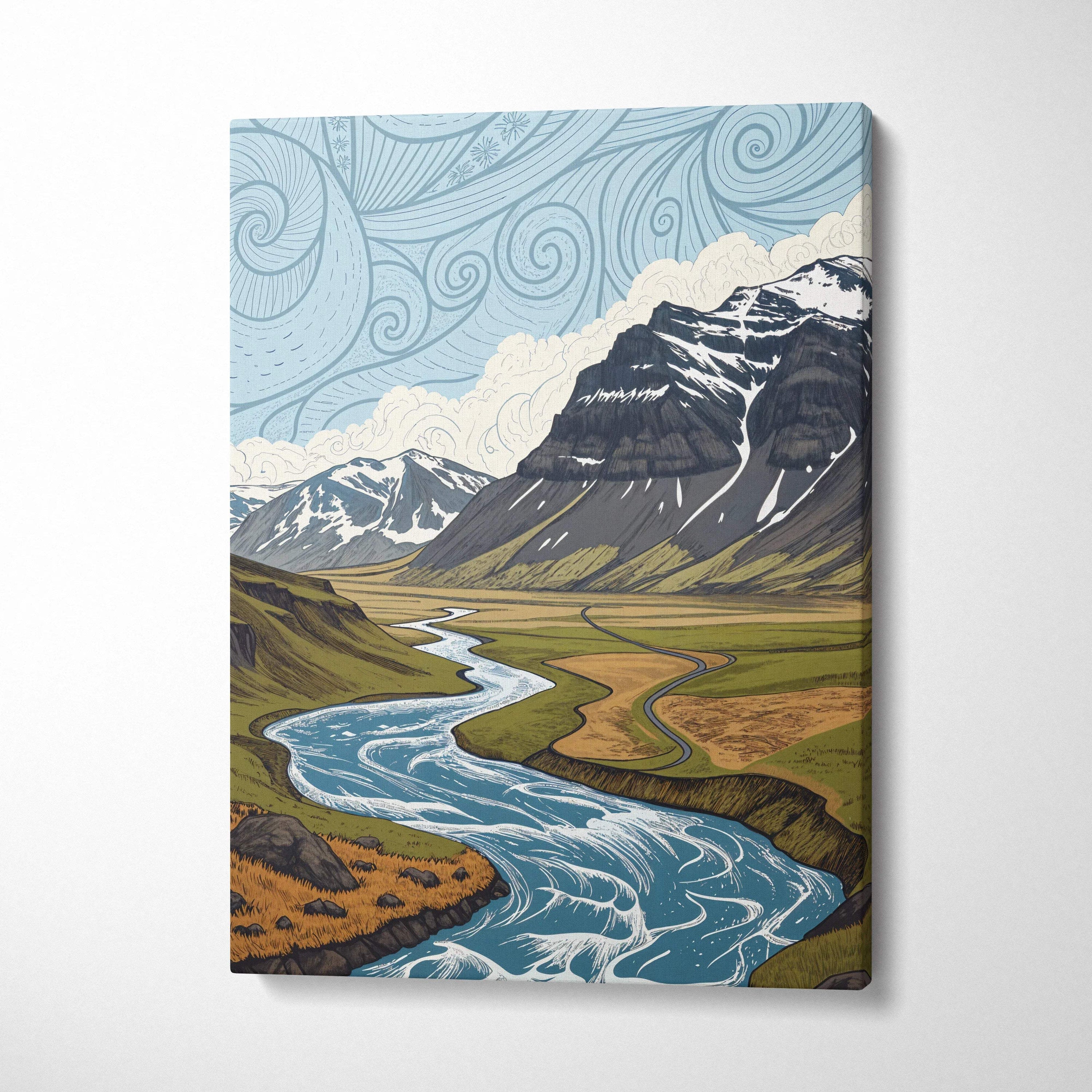 Stylized mountain landscape canvas print with winding river and snowy peaks