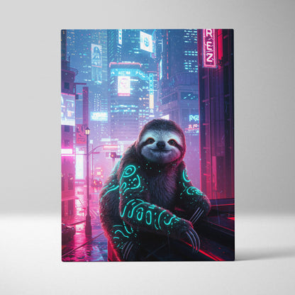 Cyberpunk sloth neon canvas print with teal tattoos and cityscape glow