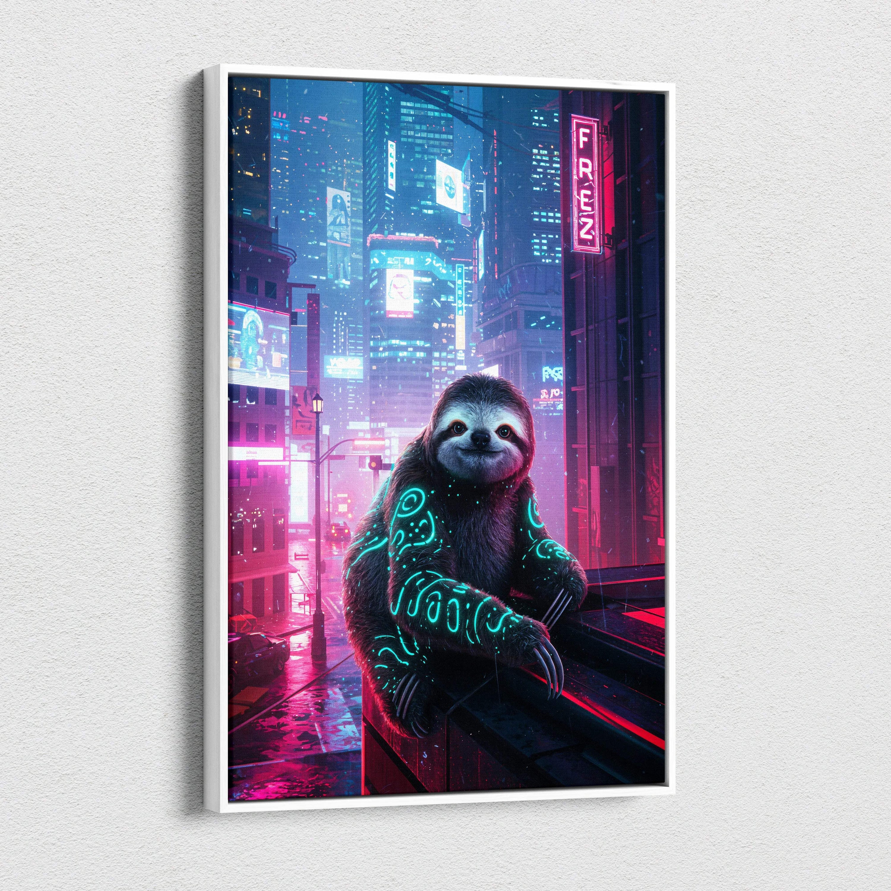 Framed cyberpunk sloth canvas wall art with teal tattoos and neon glow