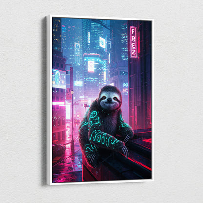 Framed cyberpunk sloth canvas wall art with teal tattoos and neon glow