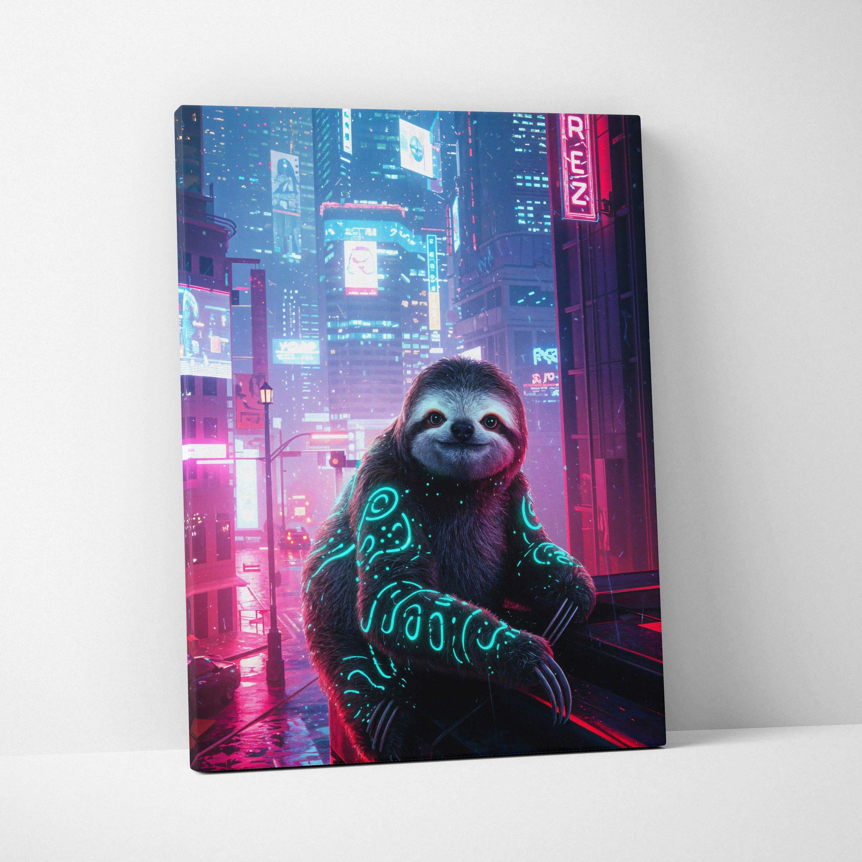 Vibrant cyberpunk sloth canvas wall art with neon teal tattoos and magenta city glow