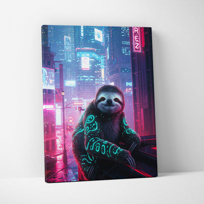 Vibrant cyberpunk sloth canvas wall art with neon teal tattoos and magenta city glow