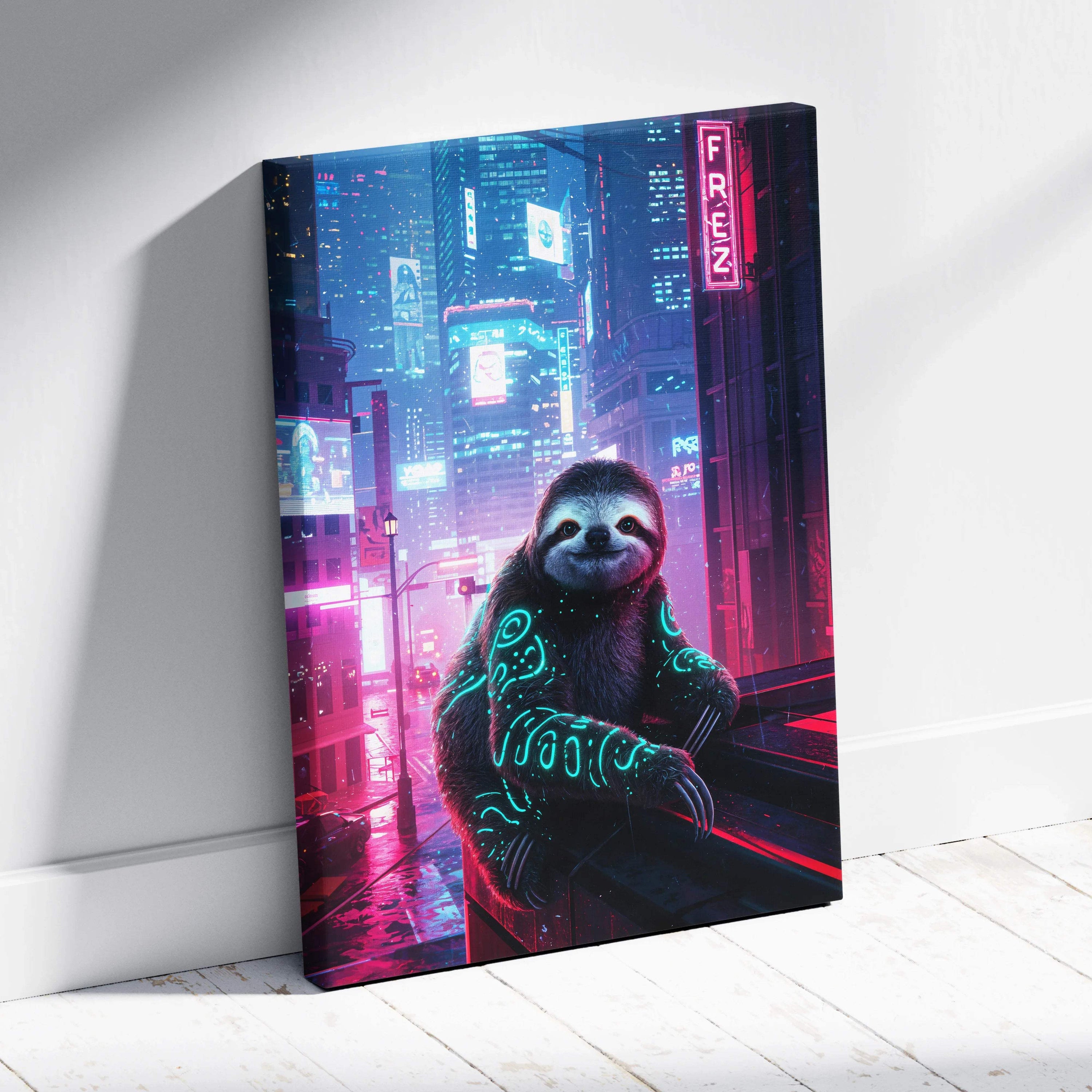 Cyberpunk sloth canvas print with teal glow on fur, neon pink blue cityscape