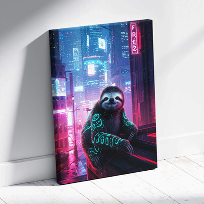 Cyberpunk sloth canvas print with teal glow on fur, neon pink blue cityscape