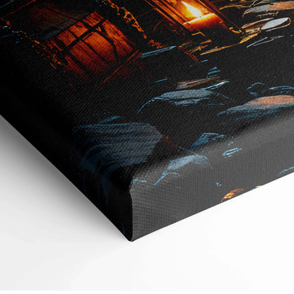 Black canvas print of Infernal Dragon in shadowed cavern, ember orange and midnight blue gothic mood
