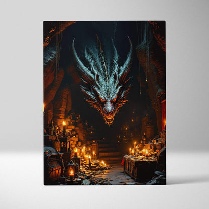 Menacing teal dragon with orange eyes in shadowed cavern canvas art