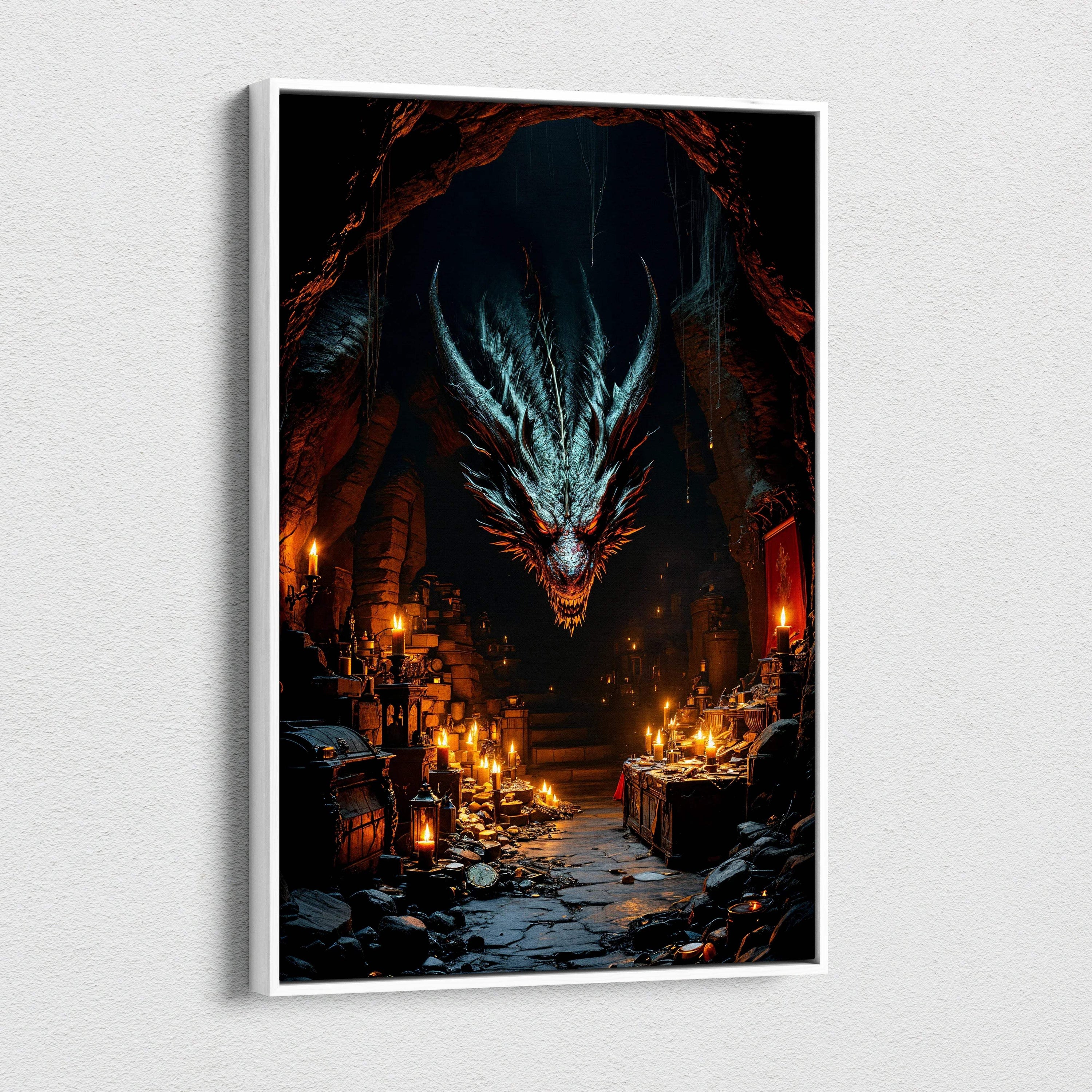 Infernal dragon canvas wall art in shadowed cavern, teal scales, red eyes