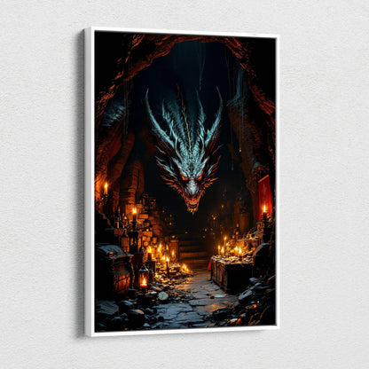 Infernal dragon canvas wall art in shadowed cavern, teal scales, red eyes