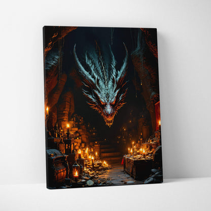 Infernal dragon canvas wall art in shadowed cavern, icy-blue with red eyes