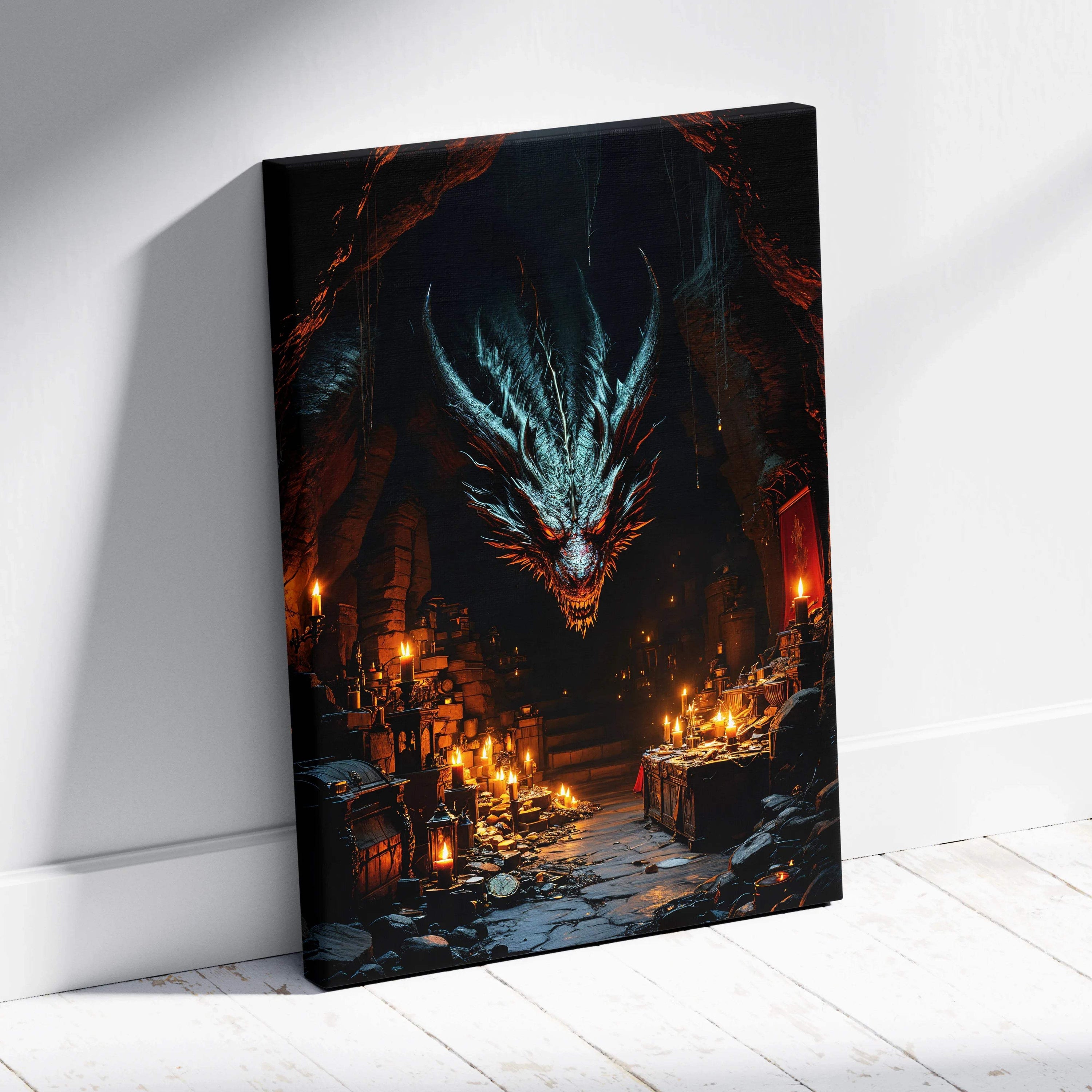 Canvas wall art of menacing teal dragon with red eyes in shadowed cavern