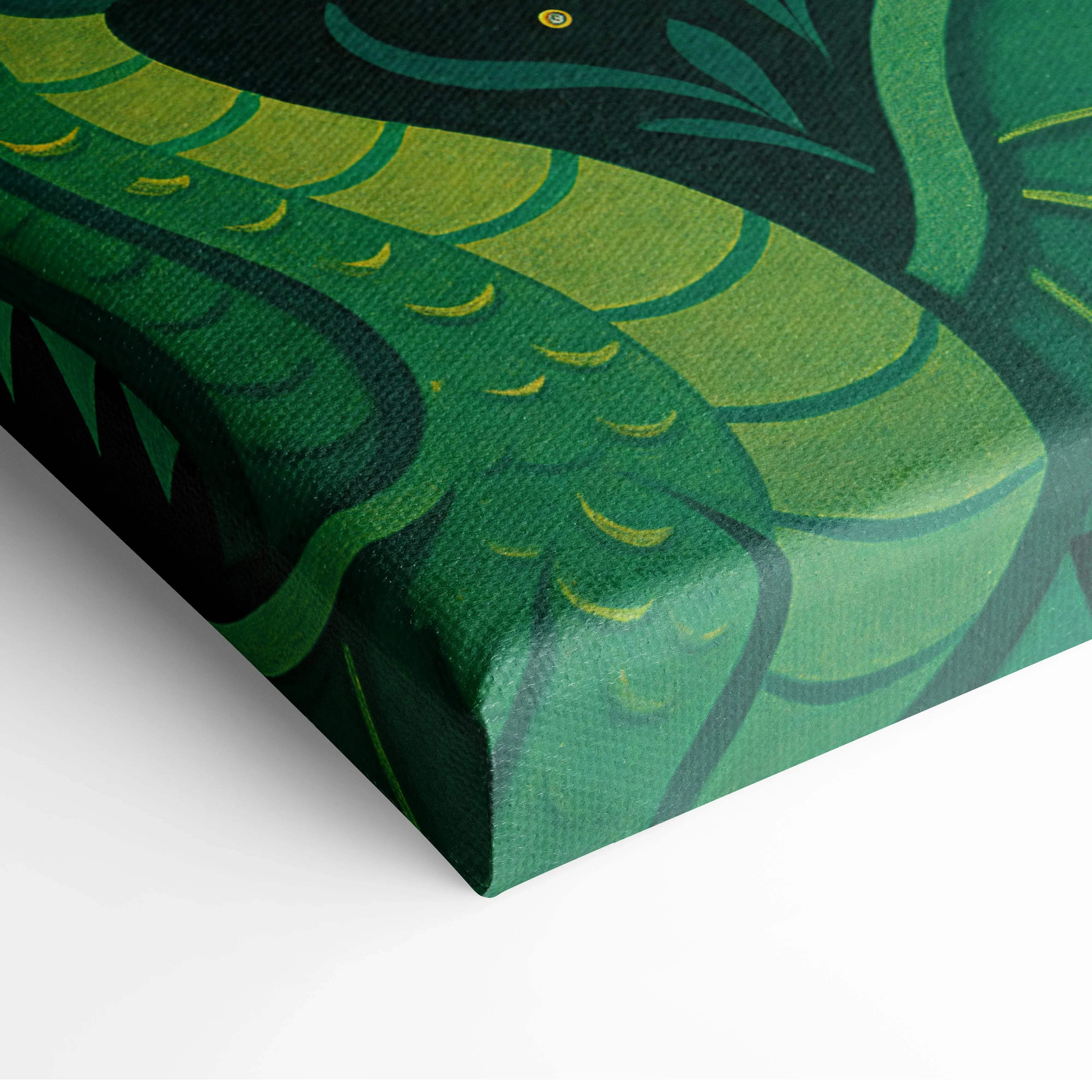 Vibrant emerald green dragon with golden yellow accents on enchanted night sky canvas wall art
