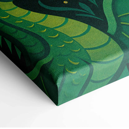 Vibrant emerald green dragon with golden yellow accents on enchanted night sky canvas wall art