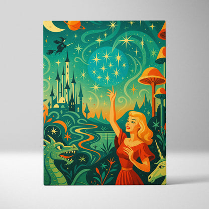 Vibrant fantasy canvas print of woman in red dress reaching for enchanted emerald green and golden yellow starry sky with castles dragons unicorns mushrooms
