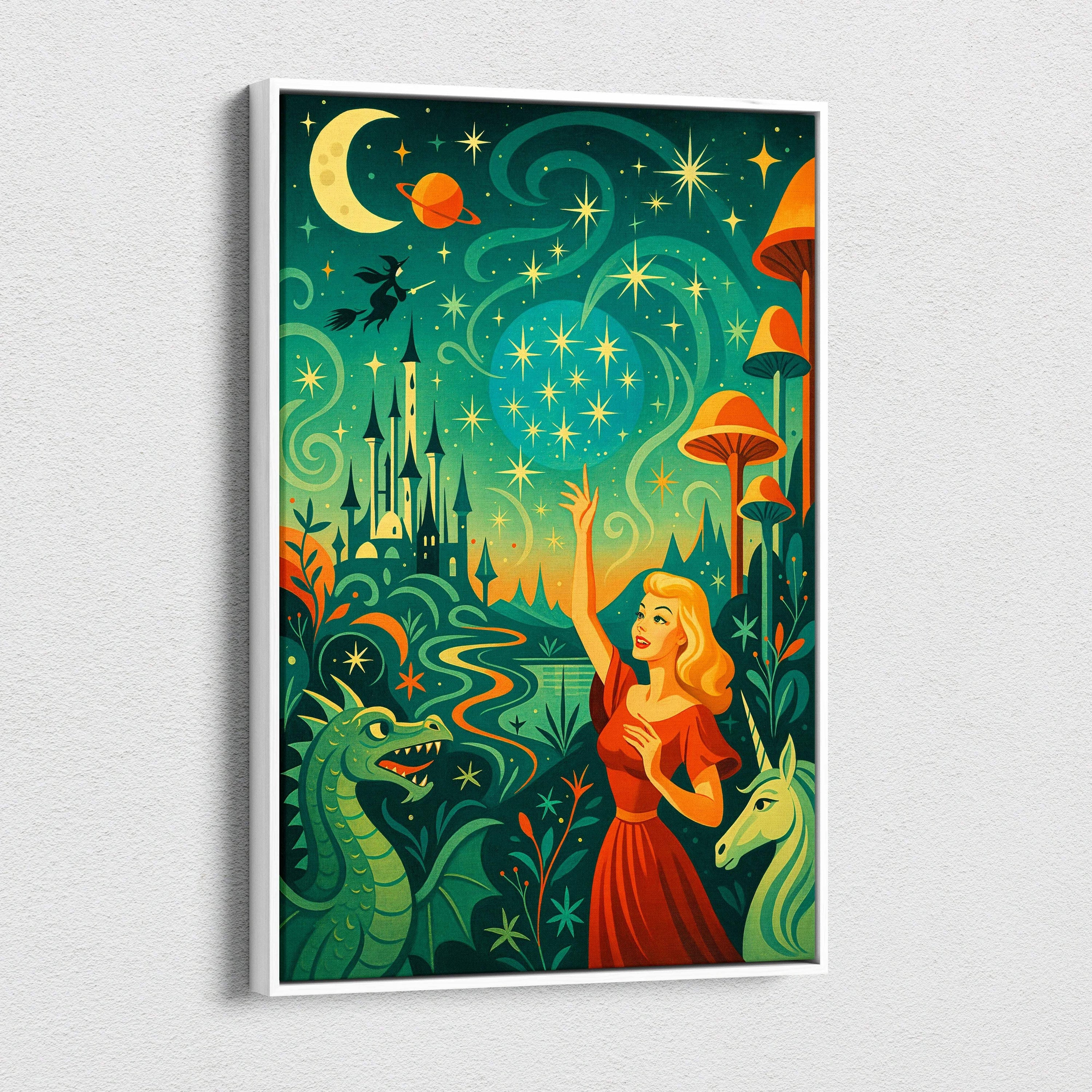 Whimsical fairytale canvas wall art of woman in red dress reaching for enchanted emerald green golden yellow starry sky with castle dragon unicorn witch glowing mushrooms