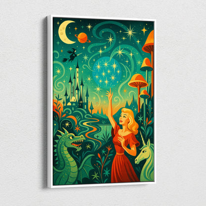 Whimsical fairytale canvas wall art of woman in red dress reaching for enchanted emerald green golden yellow starry sky with castle dragon unicorn witch glowing mushrooms