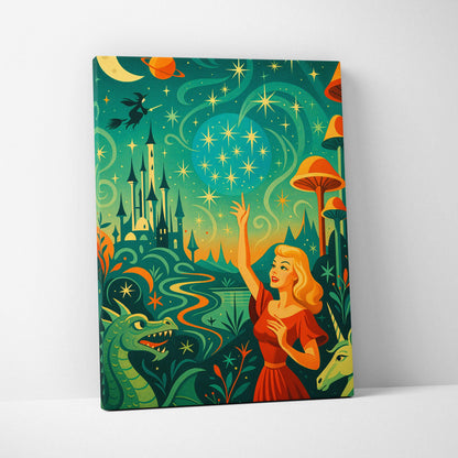 Whimsical fantasy canvas print of woman in orange dress reaching for emerald green stargazer night sky with dragons and unicorns