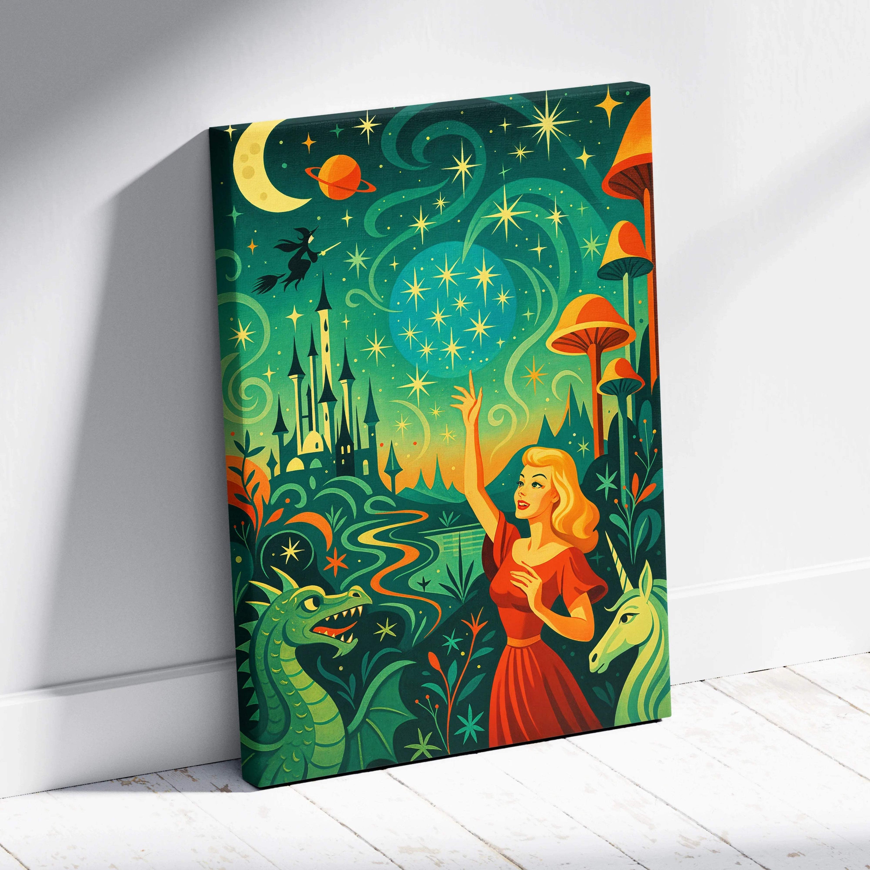 Whimsical fairytale canvas print of woman in red dress reaching for enchanted emerald green stargazer night sky with castle dragon unicorn witch