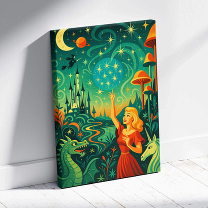 Whimsical fairytale canvas print of woman in red dress reaching for enchanted emerald green stargazer night sky with castle dragon unicorn witch