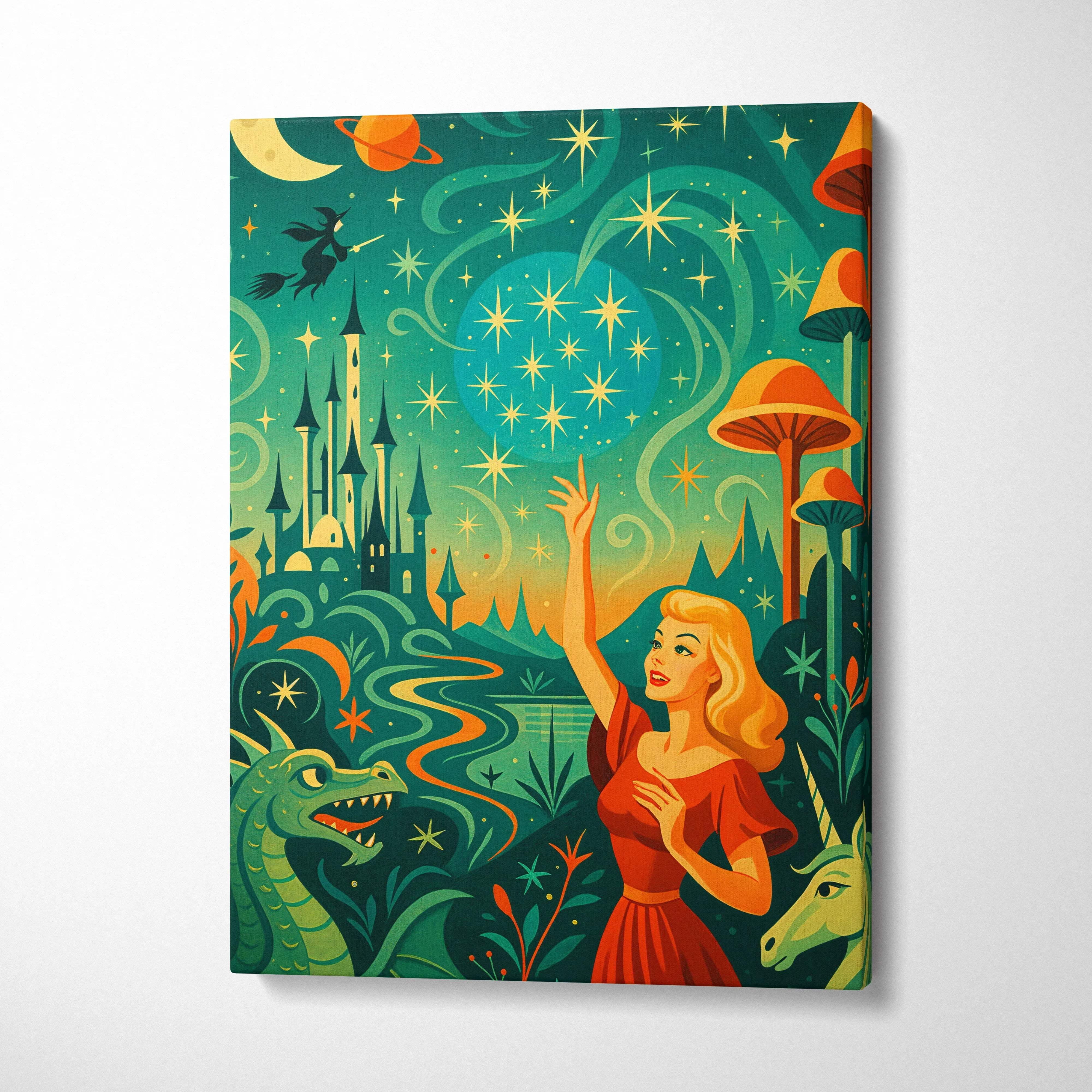 Whimsical fairytale canvas art of woman in red dress reaching to emerald green golden yellow starry sky with castles dragons unicorns