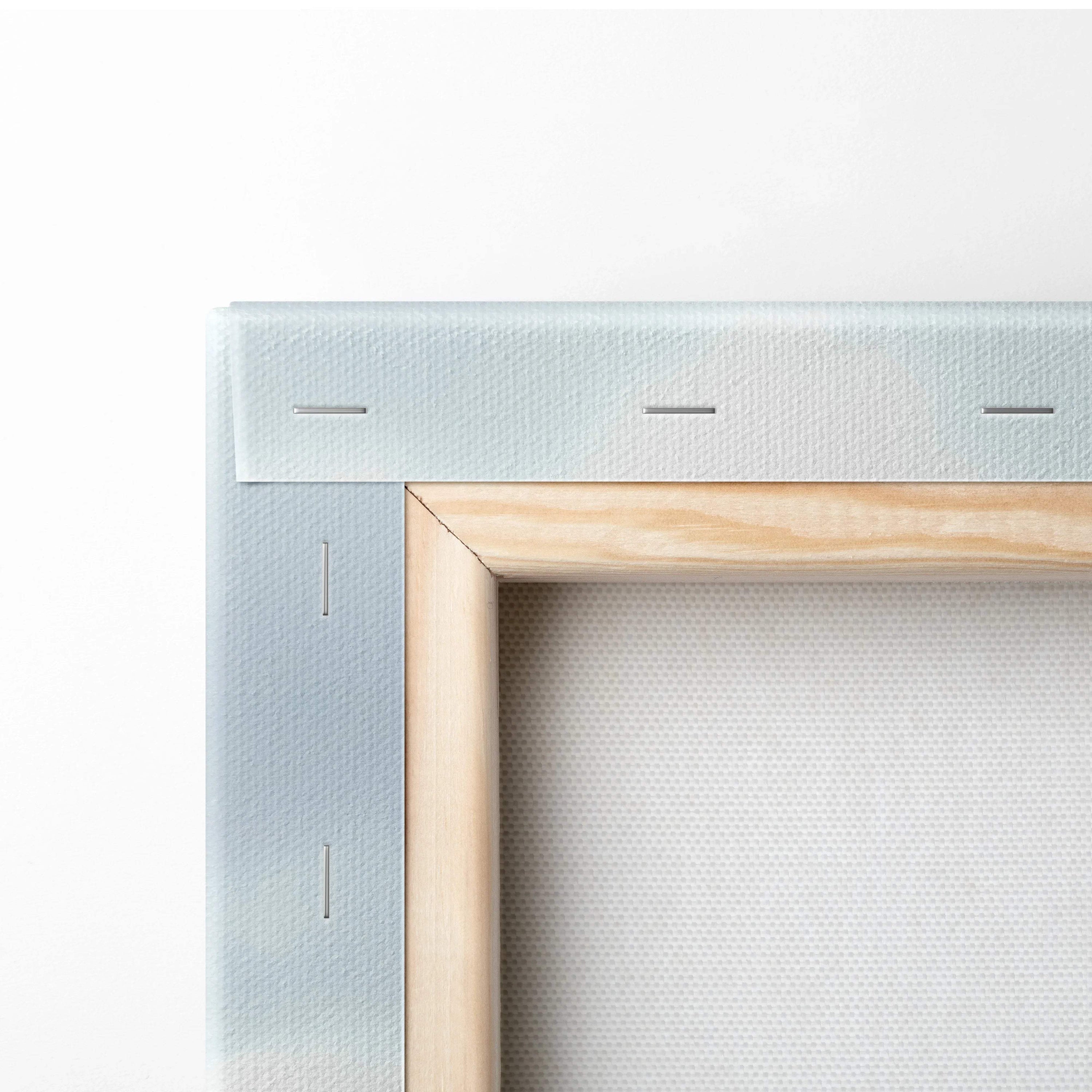 Light blue canvas of rustic thatched stone cottage in meadow, wood frame