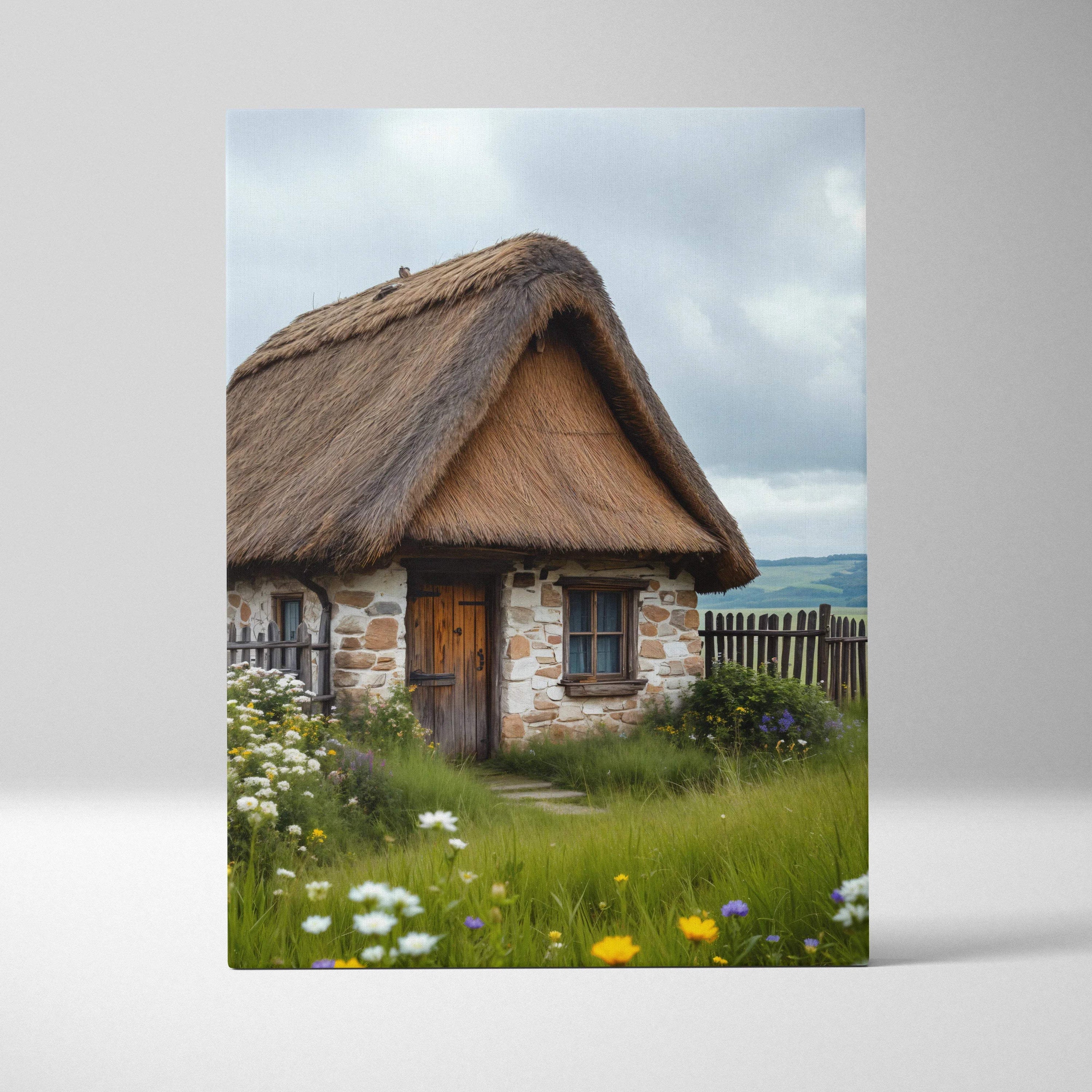 Rustic thatched stone cottage in meadow canvas wall art, soft greens