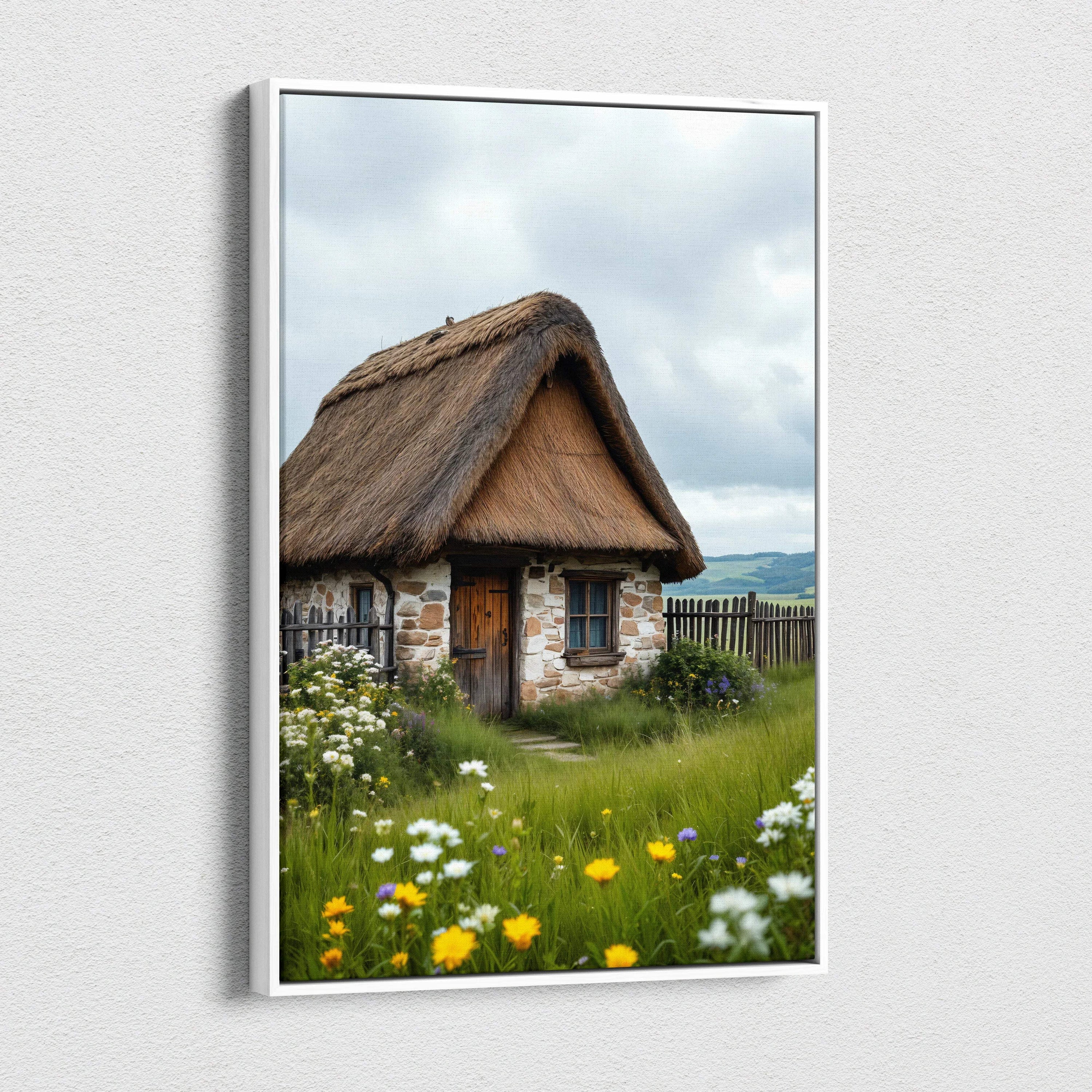Rustic thatched stone cottage canvas wall art in meadow with soft greens