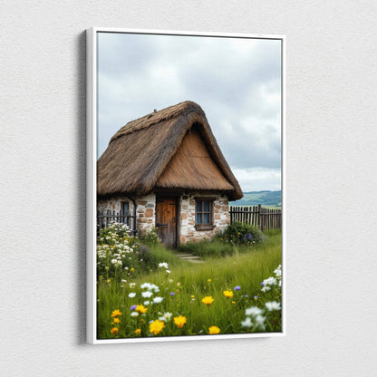 Rustic thatched stone cottage canvas wall art in meadow with soft greens