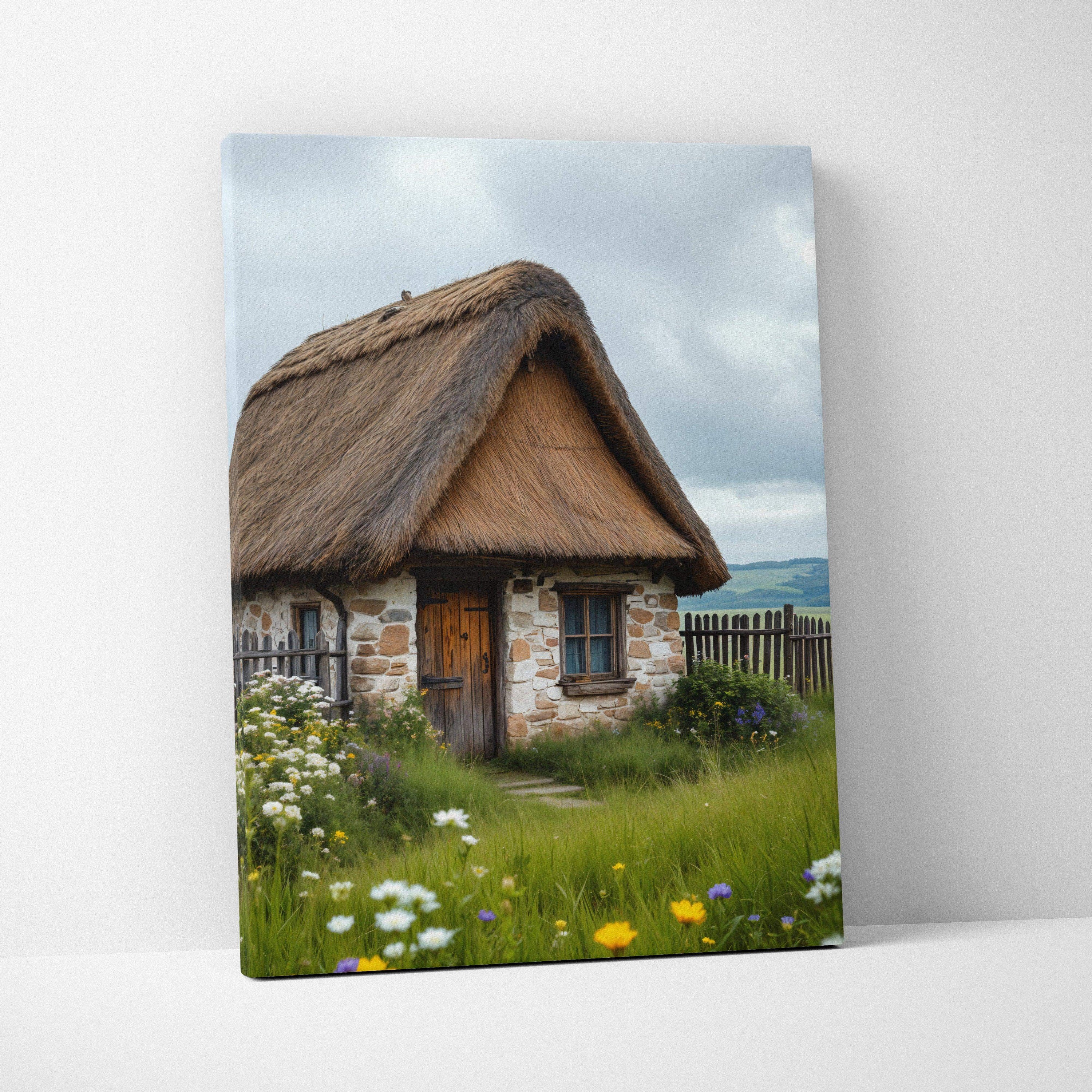 Canvas print of rustic thatched stone cottage in wildflower meadow