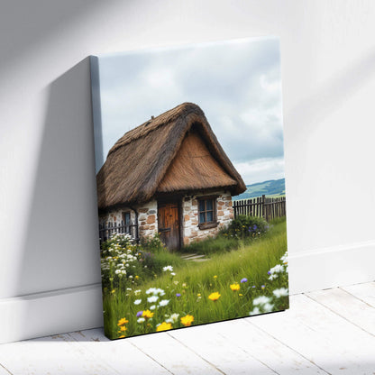 Rustic thatched stone cottage in meadow canvas wall art soft greens earth tones