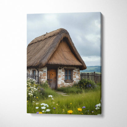 Rustic thatched stone cottage in meadow canvas wall art soft greens earth tones