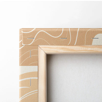 Beige canvas wavy lines in light wood frame, sunlit hills art