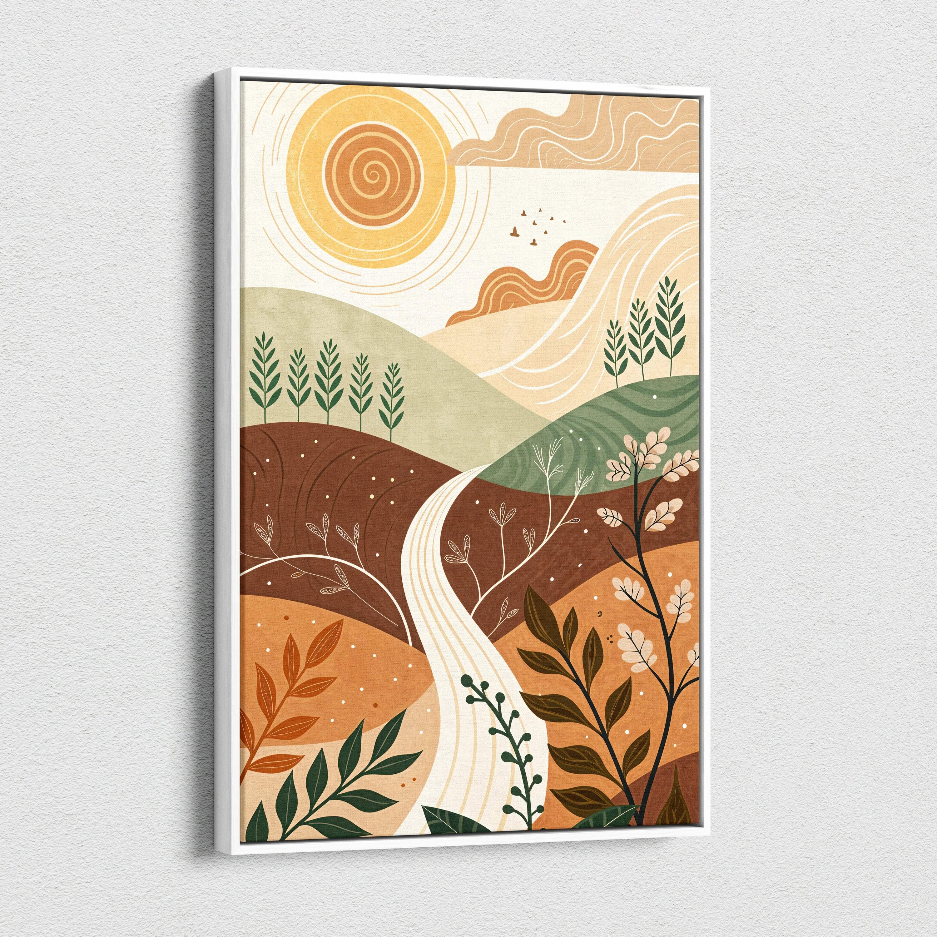 Canvas wall art: abstract minimalist landscape with sunlit hills, flowing path in warm earth tones