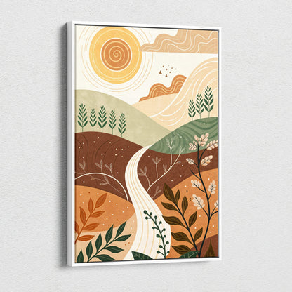 Canvas wall art: abstract minimalist landscape with sunlit hills, flowing path in warm earth tones
