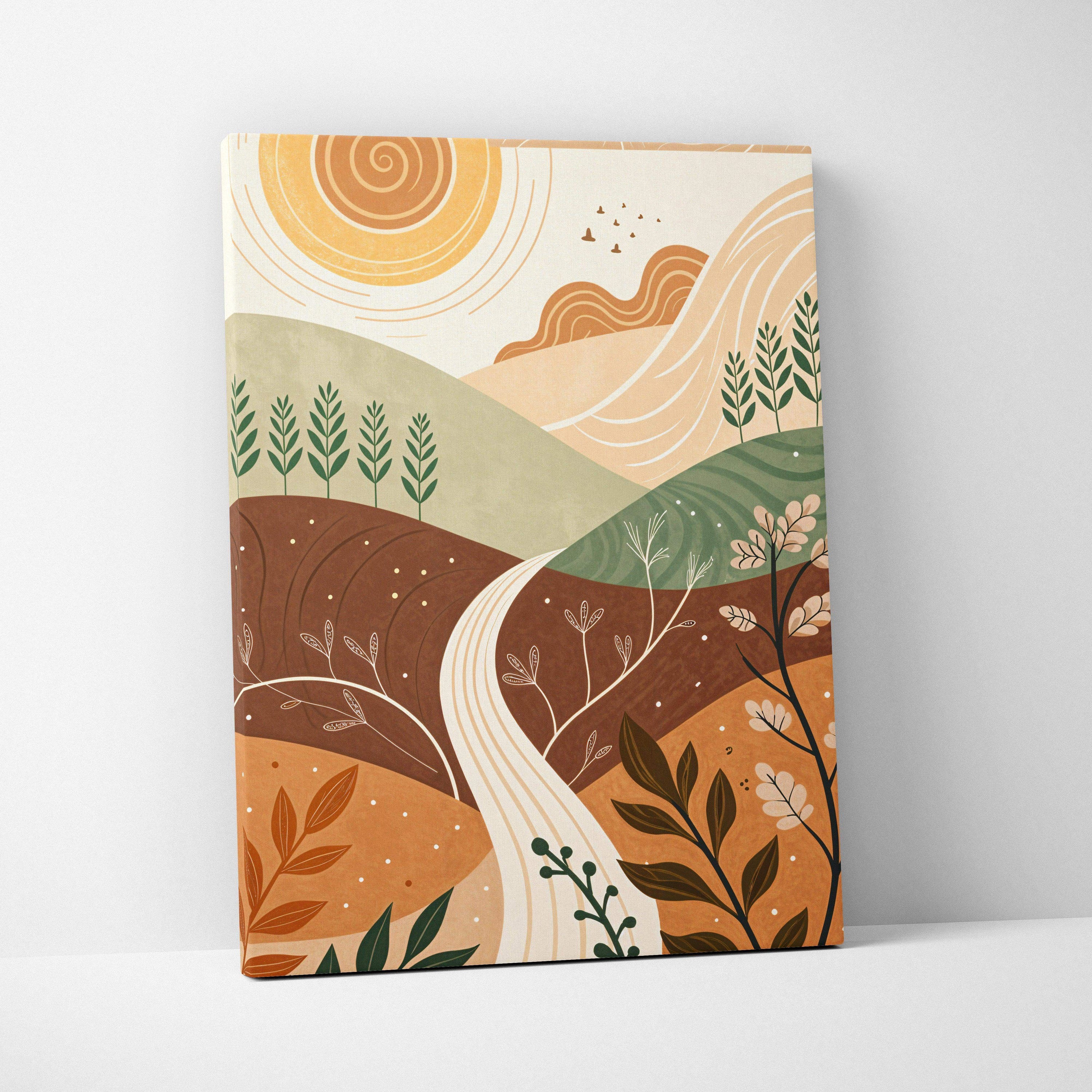 Canvas wall art abstract minimalist landscape sunlit hills flowing path warm earth tones