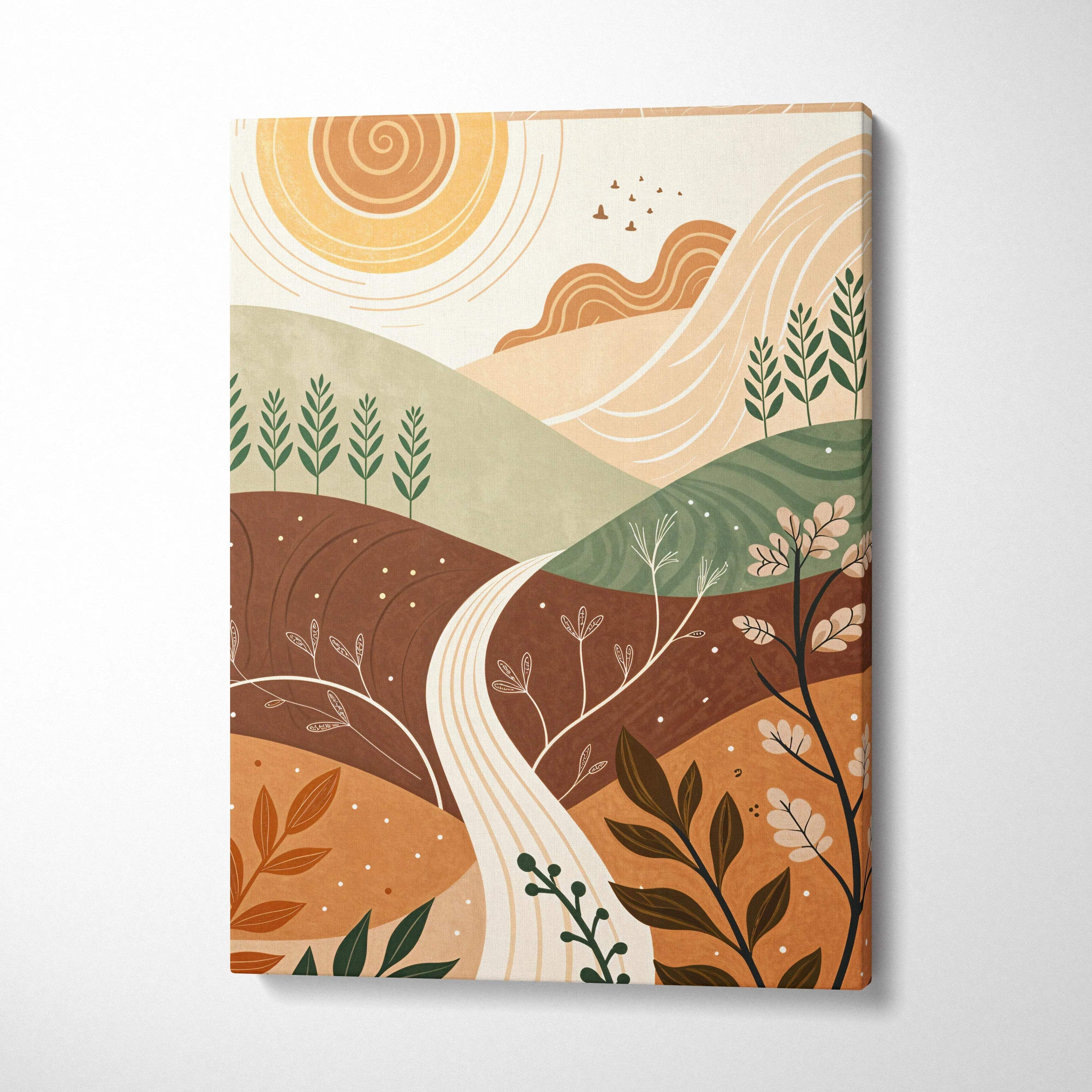 Canvas wall art: abstract minimalist sunlit hills, flowing path in warm earth tones