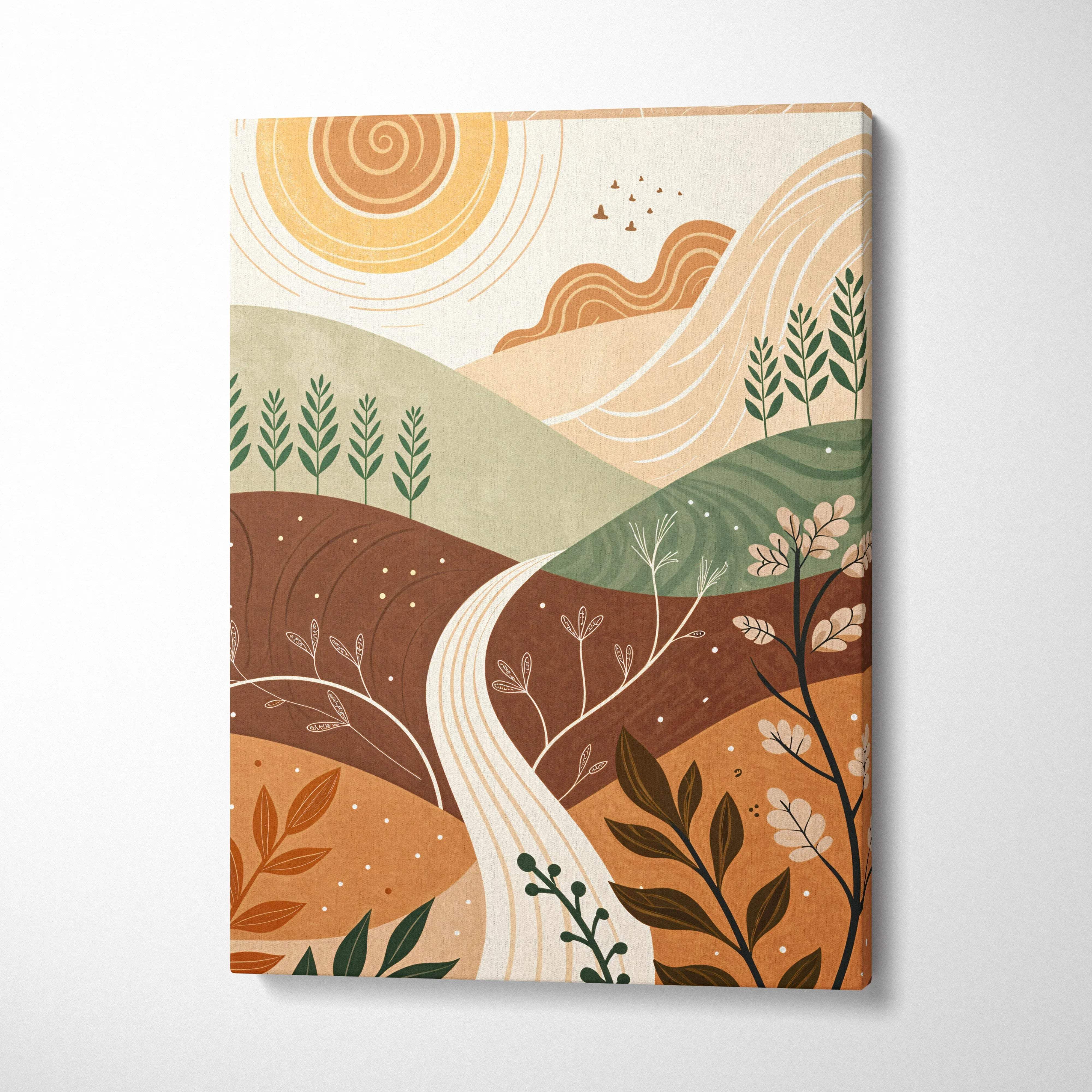 Canvas wall art: abstract minimalist sunlit hills, flowing path in warm earth tones