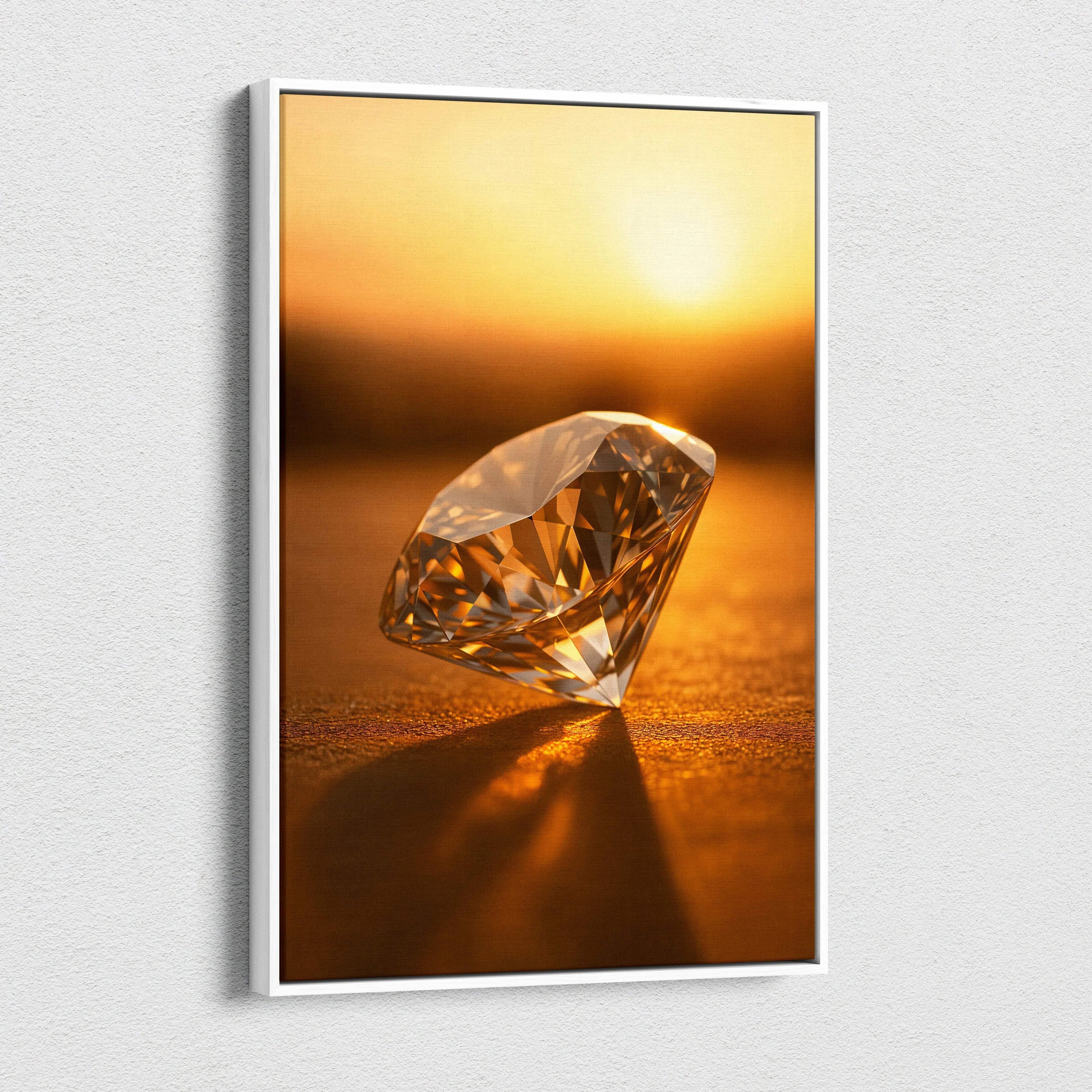 Framed diamond canvas wall art in warm amber sunset light