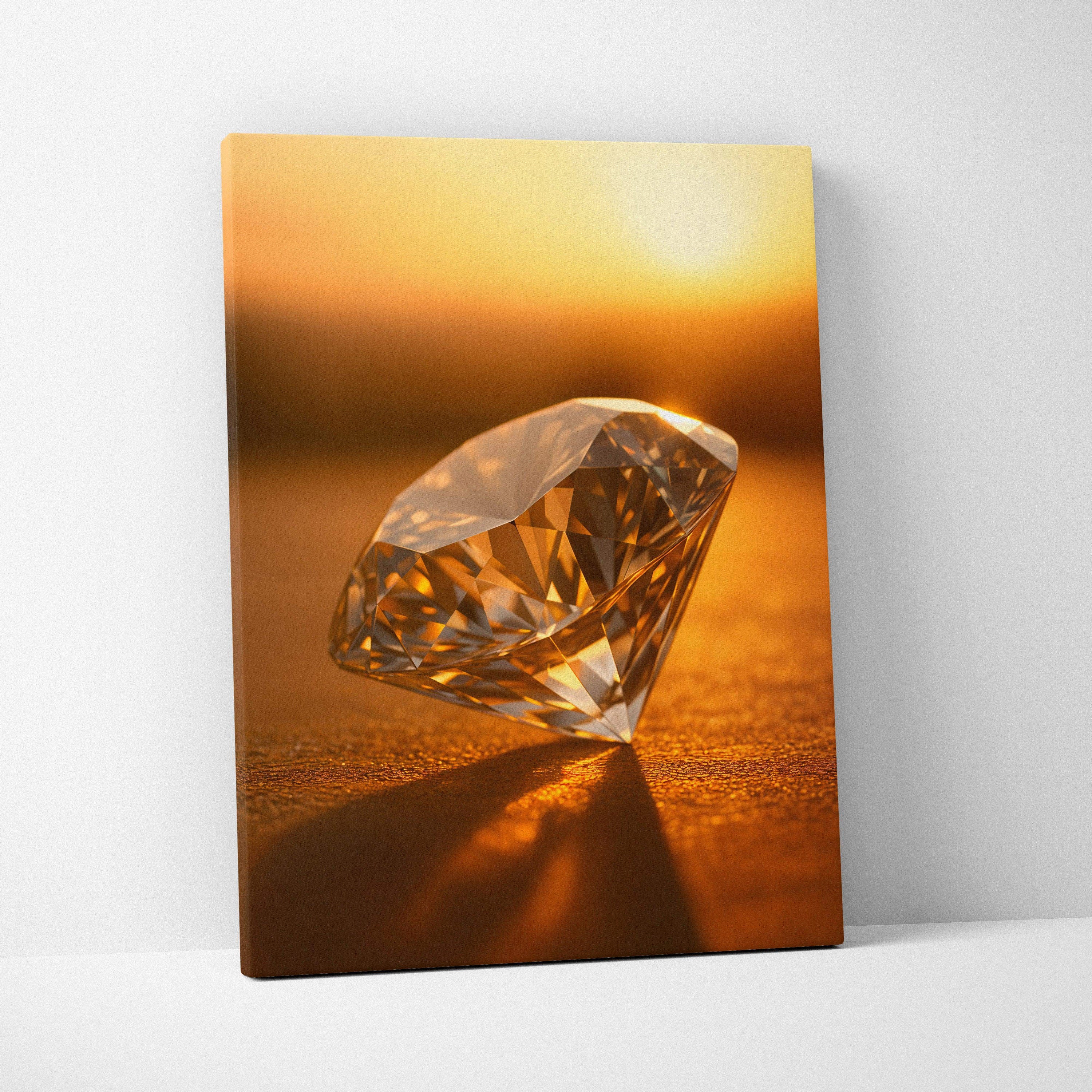 Luxurious minimalist diamond canvas wall art in warm amber golden sunset light