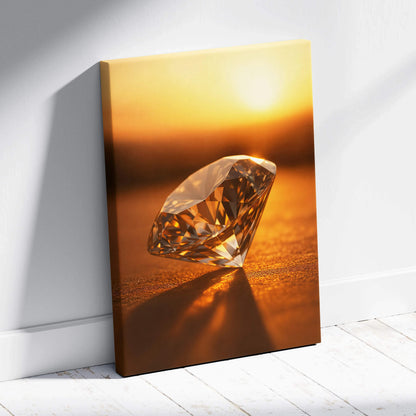 Luxurious minimalist diamond canvas wall art in warm amber golden sunset light