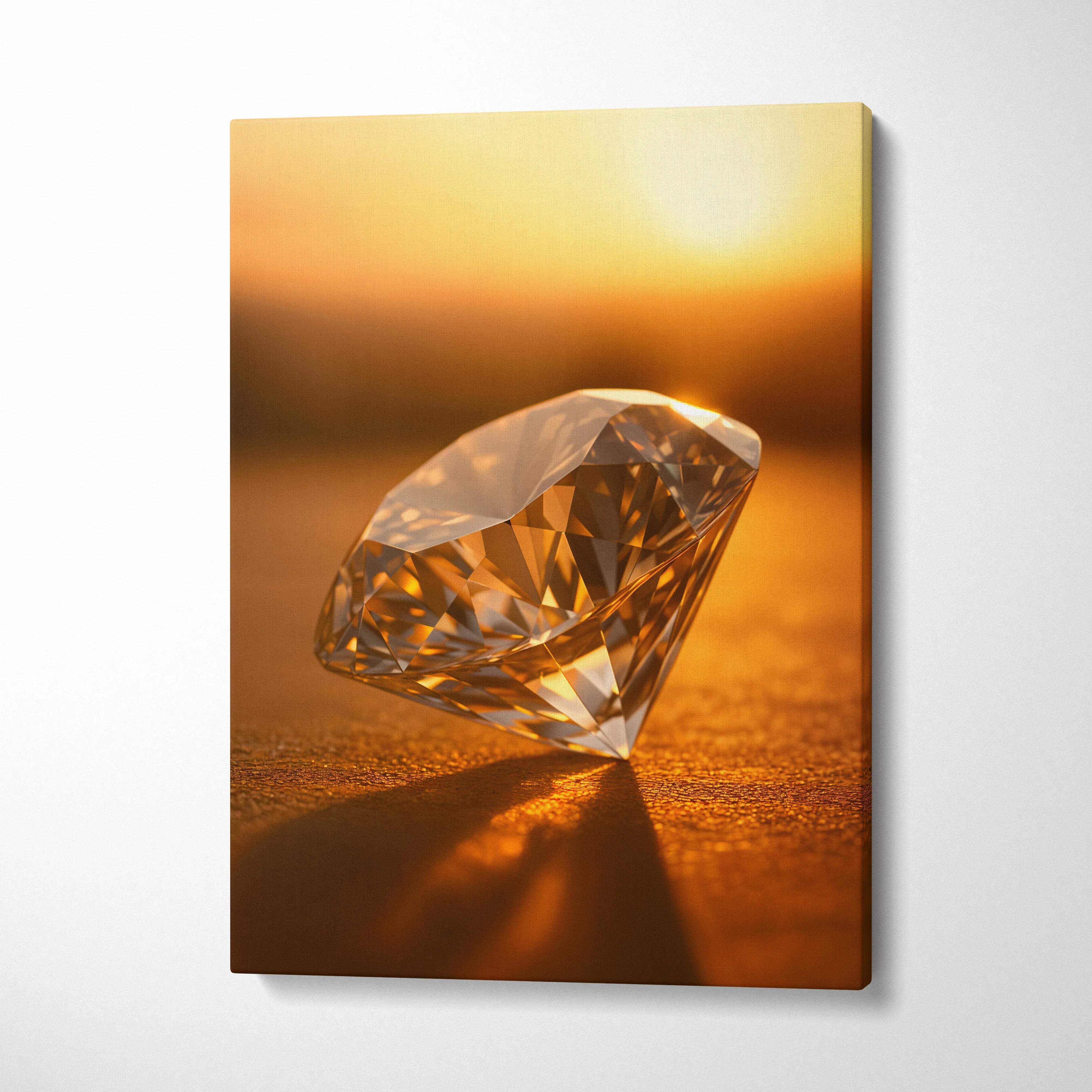 Luxurious minimalist diamond canvas wall art in warm amber golden sunset light