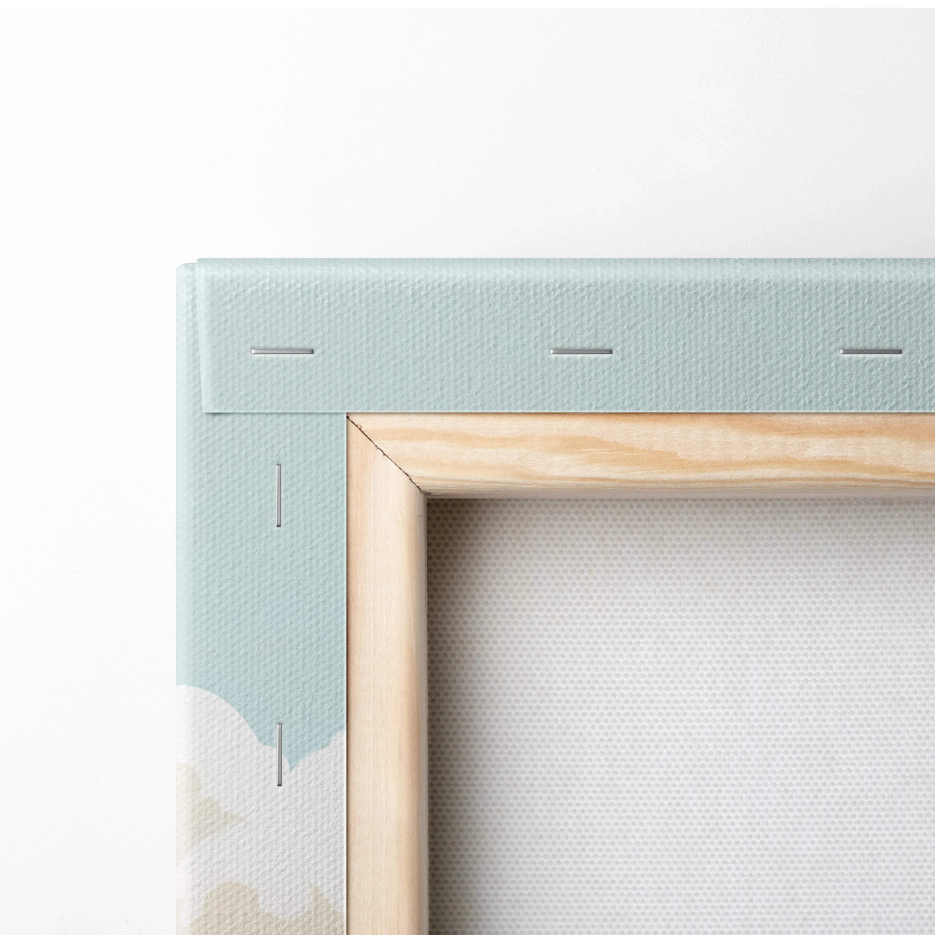 Light blue minimalist desert landscape canvas in natural wood frame