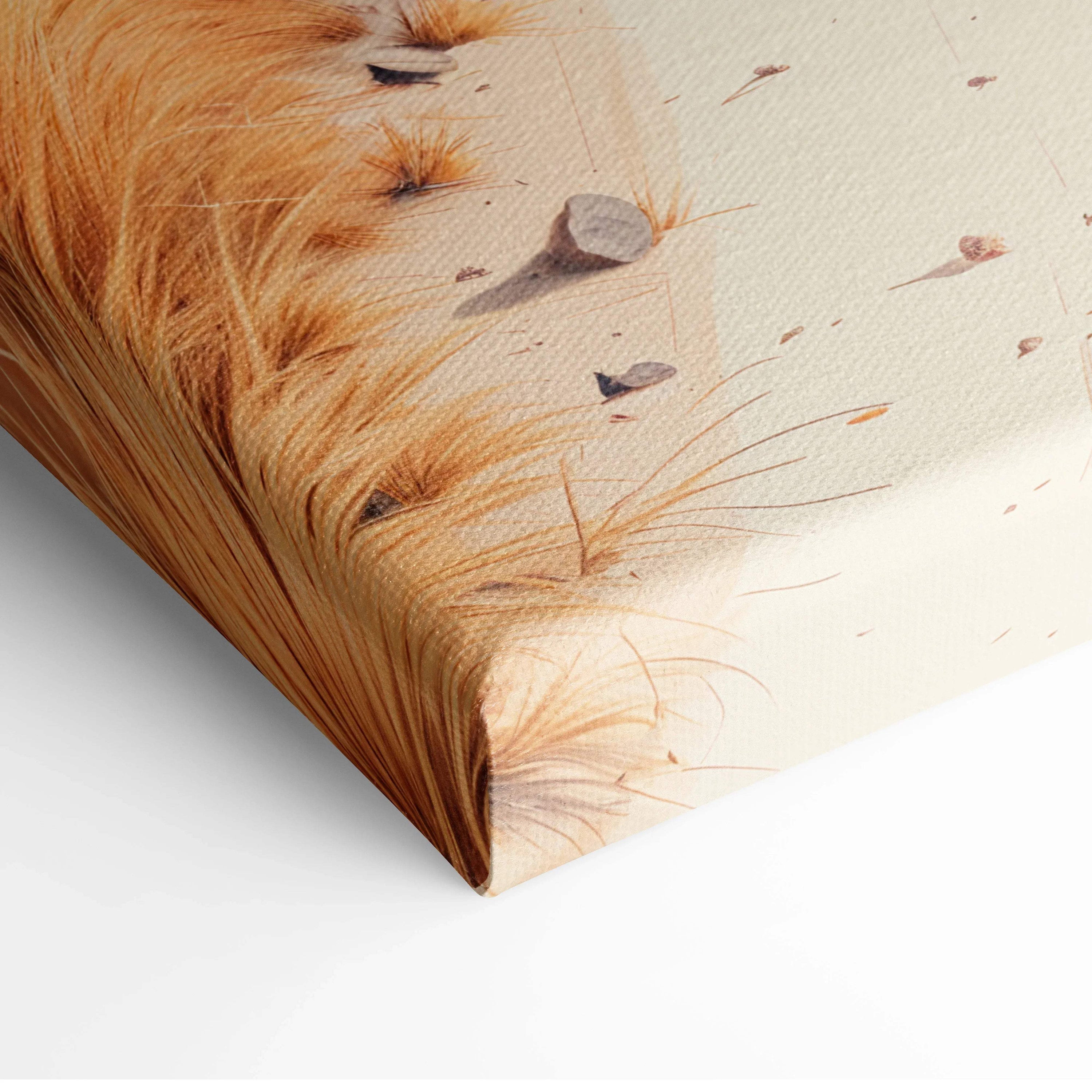 Minimalist desert canvas art with golden fur close-up, sand path, pale sky
