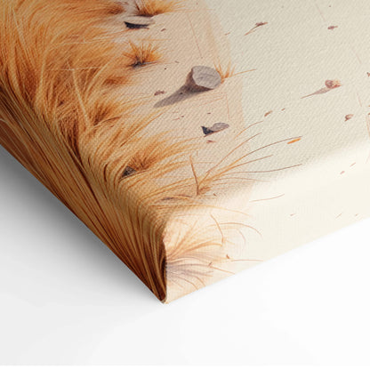 Minimalist desert canvas art with golden fur close-up, sand path, pale sky