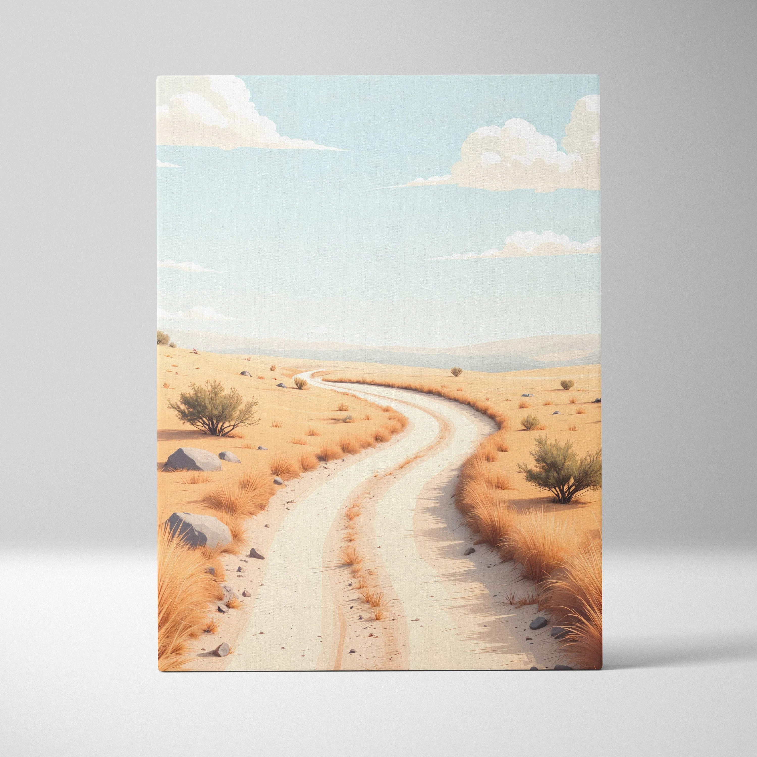 Minimalist canvas wall art of winding sand path in serene desert under pale sky