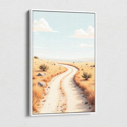 Minimalist desert canvas art of winding sand path under pale serene sky in white frame